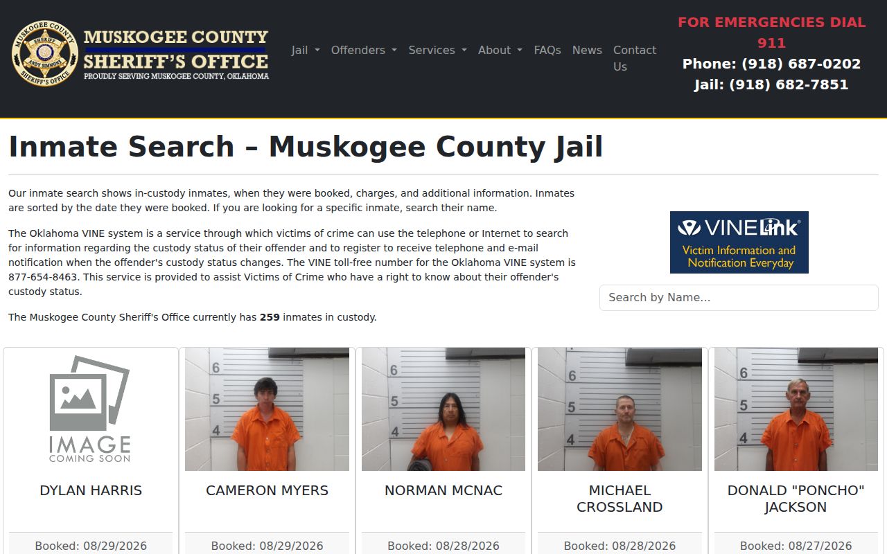 Muskogee County official inmate roster search for current custody and booking records