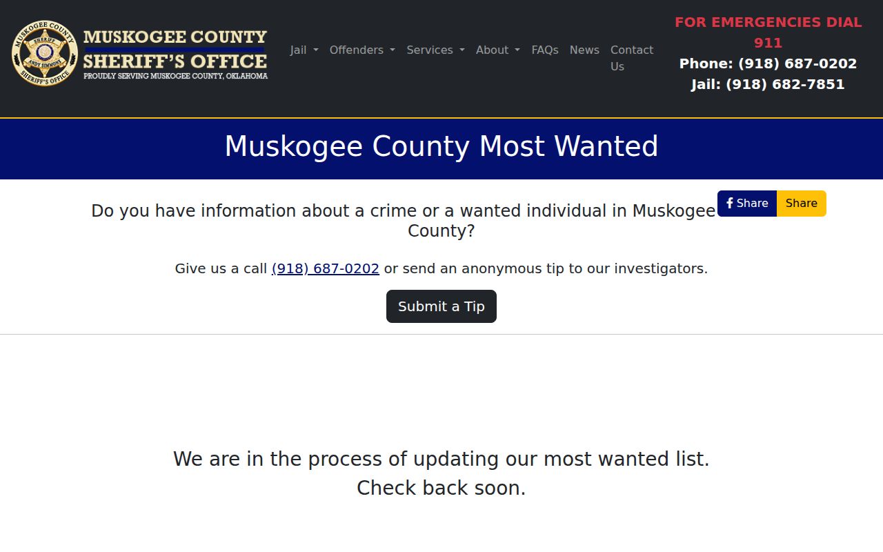 Muskogee County Sheriff most wanted page and warrant information